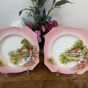 Pair of Vintage Royal Winton Grimwades Pink Cottage Scene Square Plates England